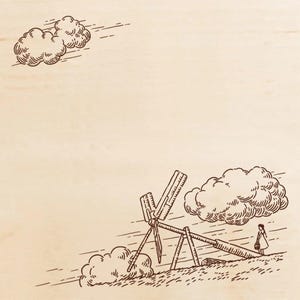 May include: A brown line art illustration on a light beige background featuring a windmill constructed from rulers, surrounded by stylized clouds. A small figure stands near the base of the windmill, holding a basket, set against a grassy landscape.
