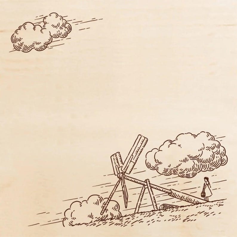 May include: A brown line art illustration on a light beige background featuring a windmill constructed from rulers, surrounded by stylized clouds. A small figure stands near the base of the windmill, holding a basket, set against a grassy landscape.