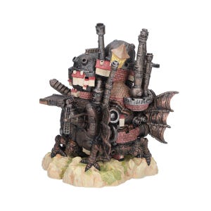 May include: A detailed, steampunk-inspired sculpture of a fantastical vehicle or building. The structure features a mix of dark metal, brick, and light-colored accents. It has multiple chimneys, a fin-like structure, and sits on a textured base.