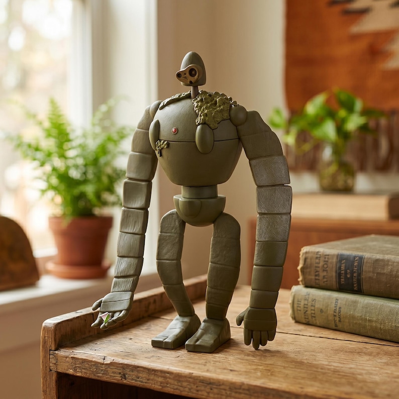 Peut inclure: Figurine de robot vert olive avec des membres articul&eacute;s et une conception de t&ecirc;te distinctive. Le robot a une apparence textur&eacute;e et est pos&eacute; sur une surface en bois. Il s'agit d'un objet de collection.
