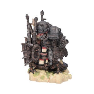 May include: A detailed steampunk-style sculpture featuring a complex arrangement of pipes, gears, and industrial elements. The sculpture is primarily dark brown with metallic accents, and rests on a beige base. It has a flag and a small red and white striped element.
