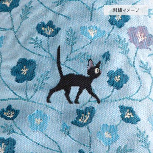 May include: A blue fabric with a black cat walking through a field of blue flowers. The fabric has the text "fabric sample" in Japanese.