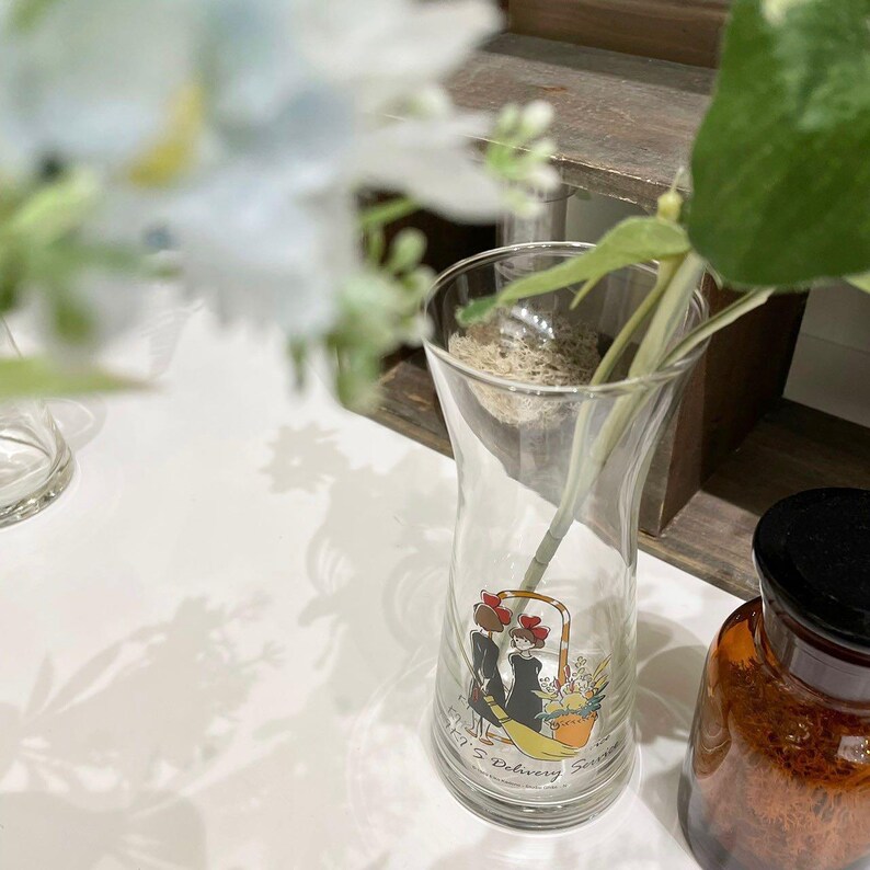 Puede incluir: Un jarr&oacute;n de vidrio transparente con forma curva, con una colorida ilustraci&oacute;n de dos figuras con una cesta de flores. El jarr&oacute;n contiene un tallo verde. Una botella marr&oacute;n con tapa negra est&aacute; al lado del jarr&oacute;n.
