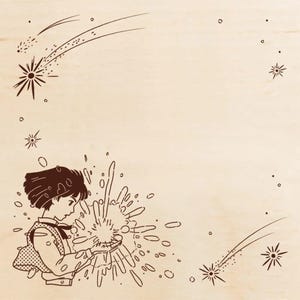 May include: A light-colored wooden surface featuring a dark brown line art illustration of a person with short hair holding a glowing, star-like burst of energy, surrounded by various shooting stars and small circular dots across the frame.