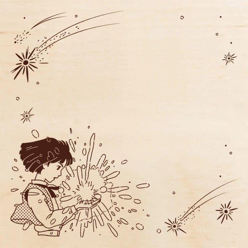 May include: A light-colored wooden surface featuring a dark brown line art illustration of a person with short hair holding a glowing, star-like burst of energy, surrounded by various shooting stars and small circular dots across the frame.