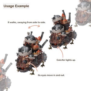 May include: A detailed, brown and gray model of a moving castle with multiple turrets and chimneys. The model has a fish-like body with small legs and fins. The text "Calcifer lights up" is visible.