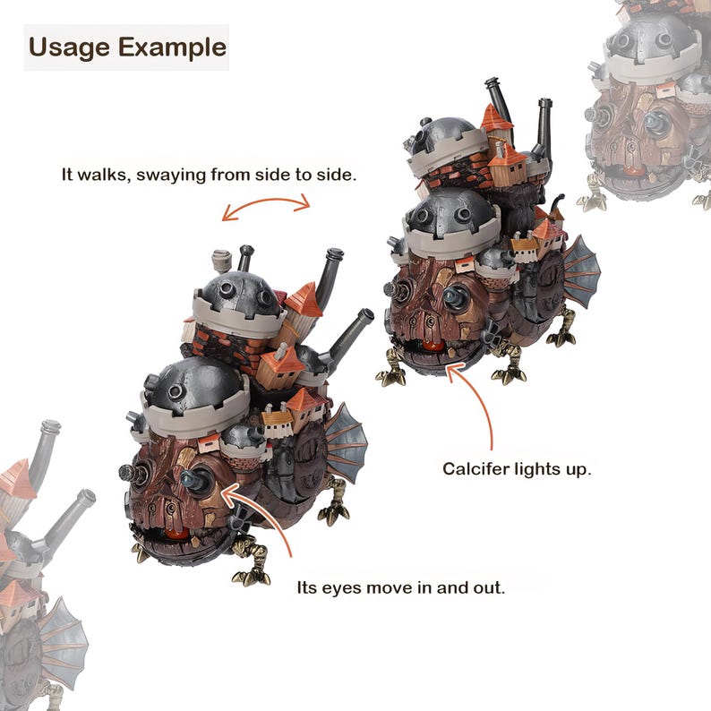 May include: A detailed, brown and gray model of a moving castle with multiple turrets and chimneys. The model has a fish-like body with small legs and fins. The text "Calcifer lights up" is visible.