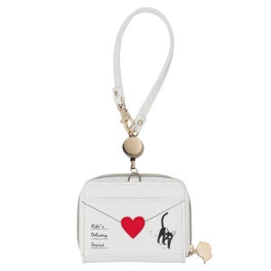 May include: White wallet with a zipper closure, a wrist strap, and a gold-colored charm. The wallet features a red heart, a black cat illustration, and the text "Kiki's Delivery Service."