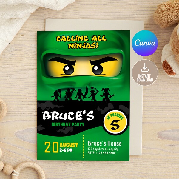 Editable Ninja Go Invitation Digital,Printable Green Ninja Birthday Party Invitation,Editable in Printable Download,Boy birthday,Green Ninja