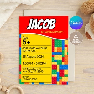 Editable Building Blocks Birthday Invitation Digital,Printable Birthday Invitation,Building Bricks Kids Birthday Party Invite, Kid birthday