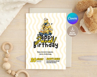 Faire-part d'anniversaire jaune Minions modifiable numérique, imprimable Faire-part de fête jaune Minions, modifiable en téléchargement imprimable Canva, Boy Bday
