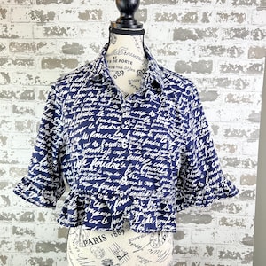 Upcycled Cropped Button Down Shirt – Navy with French Script, Ruffled Sleeves & Hem – Size Small/Medium