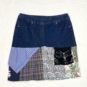 Jupe en jean recyclé faite main - Taille XL - Détail patchwork