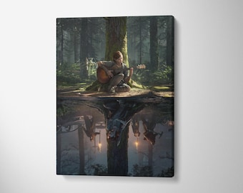Quadro em tela com Ellie tocando violão na floresta de The Last of Us Part II (com moldura)