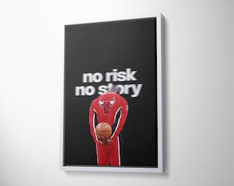 No Risk No Story Basketball Canvas Wall Art - Red Tracksuit Athlete Poster - Motivational Sports Typography Print, Modern Gym, Office Decor