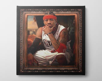 Allen Iverson Renaissance Canvas Wall Art - Vintage NBA Basketball Portrait Poster - Royal Oil Painting Style Print, Funny Man Cave Gift