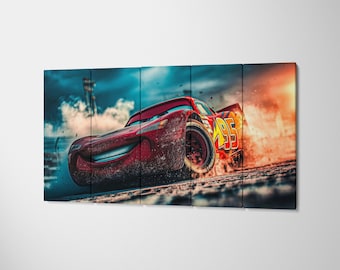 Red Race Car Canvas Wall Art - Animated Cartoon Car Poster for Kids Room - Number 95 Racing Boy Bedroom Decor, Cute Playroom Wall Hanging