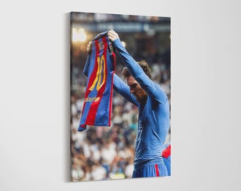 Lionel Messi Barcelona Iconic Jersey Celebration Canvas Wall Art - Classic El Clasico Football Poster - Soccer GOAT Legend Print