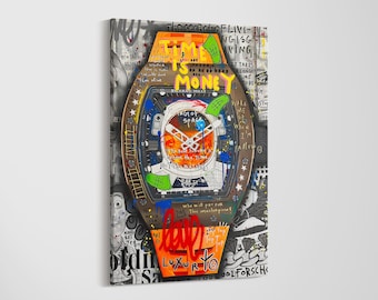 May include: A canvas print depicting a watch design with the words "TIME IS MONEY" in green and yellow. The watch has a brown and orange strap, with a blue and white face. Graffiti art surrounds the watch.