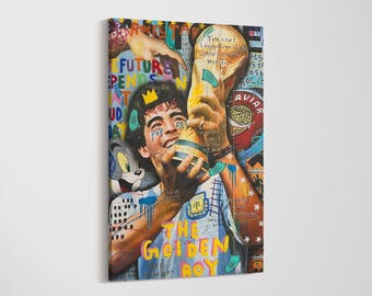 Maradona Golden Boy Canvas Art, Banksy Style Graffiti Pop Art, Argentina Football Champion Print