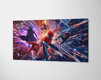Spider-Man Into the Spider-Verse Canvas Wall Art - Multiverse Superhero Panoramic Poster for Gaming Room - Miles Morales, Peter Parker Comic