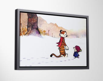 Calvin and Hobbes Canvas Wall Art - Watercolor Winter Snow Poster for Nursery - Retro Comic Strip Print, Cute Kids Room & Playroom Decor