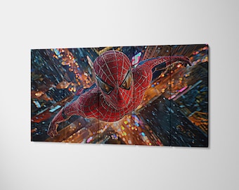 Classic Spiderman Canvas Wall Art - Superhero Flying Poster Over City Lights for Home Theater - Modern Marvel Comics Panoramic Print