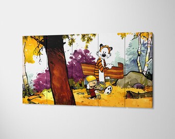 Calvin and Hobbes Sledding Canvas Wall Art - Watercolor Autumn Winter Poster for Nursery - Retro Comic Strip Print, Cute Playroom Decor Gift