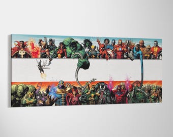 Marvel Avengers vs Villains Canvas Wall Art - Panoramic Comic Book Universe Poster - Epic Superhero & Villain Panoramic Print
