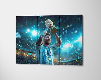 Lionel Messi World Cup Champions Canvas Wall Art - Argentina Football Poster for Sports Room - GOAT Soccer Legend Print, Cool Man Cave Gift