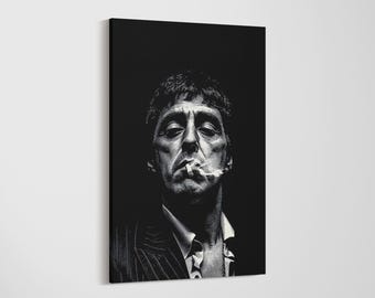 Scarface Tony Montana Canvas Wall Art - Al Pacino Classic Movie Poster - Black and White Iconic Gangster Portrait Print