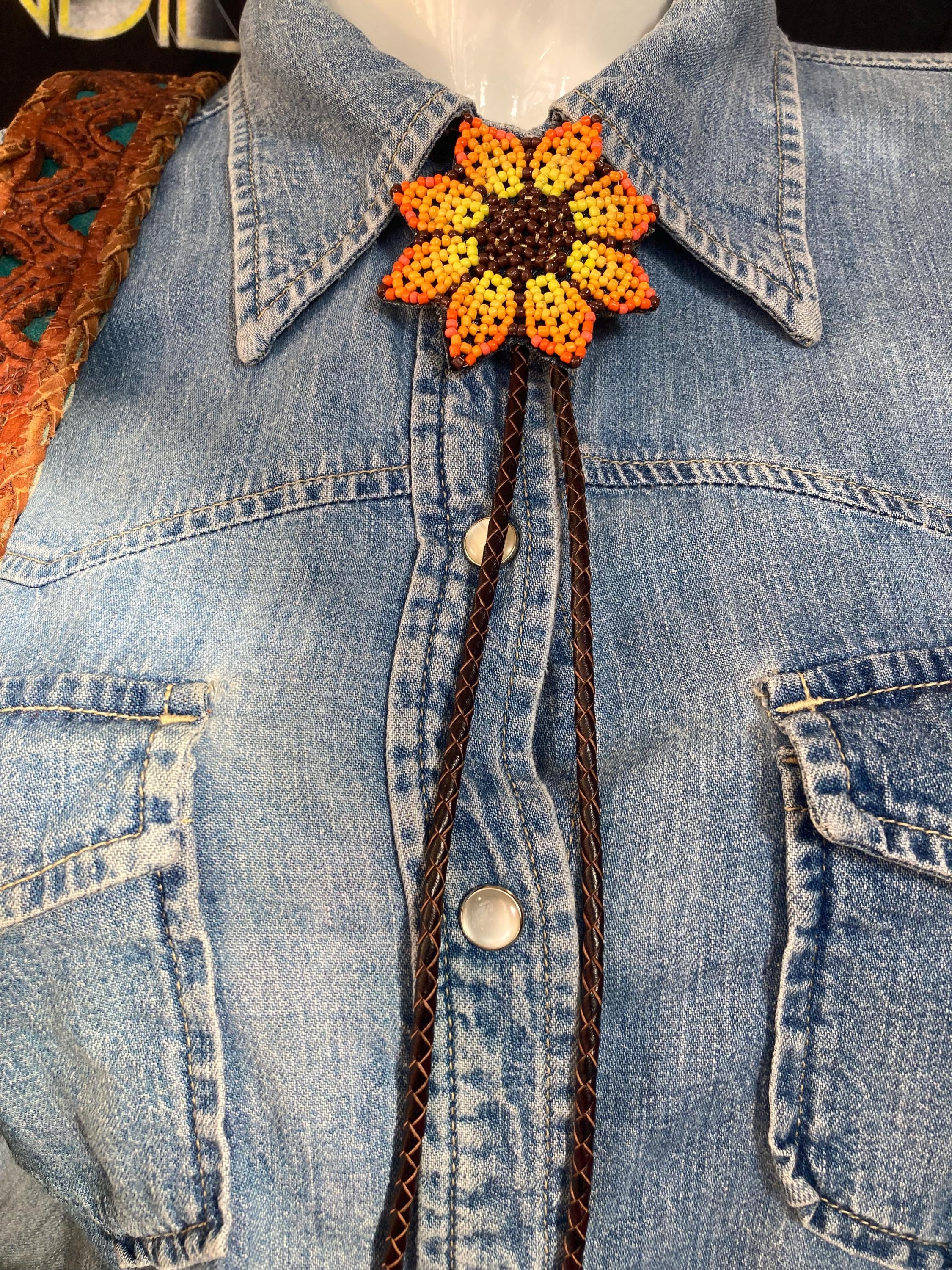 Sunflower - Orange - Seed Bead Bolo Tie Necklace - Adjustable Handmade…