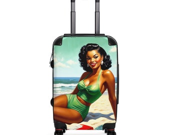 Grab & Go Maxine Suitcase, Luggage, Travel, Black, African American, Vintage, Combination Lock, Polycarbonate front and ABS hardshell back.