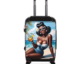 Grab & Go Sofia Suitcase, Luggage, Travel, Black, African American, Vintage, Combination Lock, Polycarbonate front and ABS hardshell back.