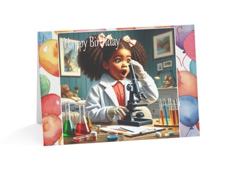 Lil Scientist v3  Kid's Greeting Cards, Birthday, Science, Cute, Girl, African American, Black, Family, Art