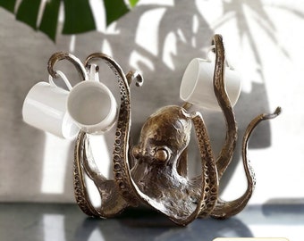 Unique Octopus Cup Holder, Fun Modern Home Decor, Resin Mug Stand, Octopus Jewelry Holder, Ocean Home Design, Abstract Bronze Resin Model