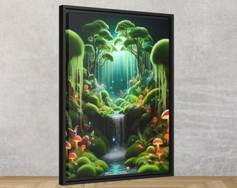 May include: A digital painting of a lush green forest with a waterfall flowing through it. The forest is filled with glowing lights and mushrooms. The painting is framed in black.