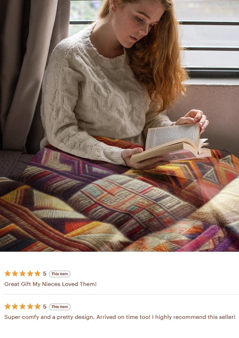 May include: A soft throw blanket featuring a vibrant, multi-colored geometric pattern with shades of deep purple, burnt orange, golden yellow, and cream. The blanket displays a repeating intricate design of triangles, squares, and lines.