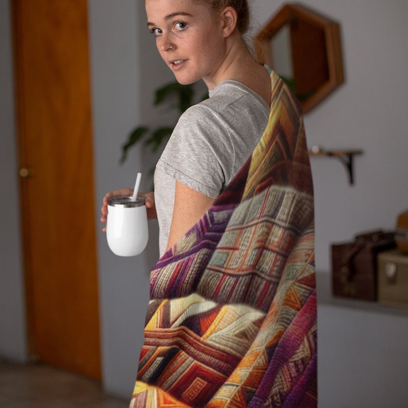 May include: A throw blanket featuring a complex geometric pattern in shades of deep purple, burnt orange, and golden yellow, draped over a shoulder. The blanket displays a repeating grid-like design with intricate linear textures throughout the fabric.
