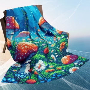 Mushroom Wildflower Fleece Blanket | Pixel Art | Mushroom Decor | Mushroom Blanket | Throw Blanket