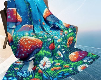 May include: A blue, green, and red pixelated throw blanket with a mushroom and flower design.