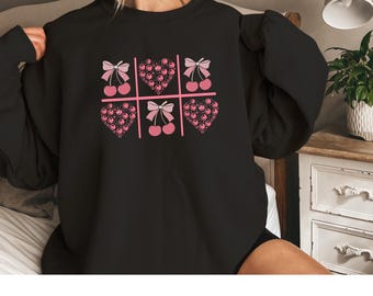 Coquette Cherry Bow Sweatshirt, Oversized Minimalist Pullover, Pinterest Aesthetic, Girly Social Club, Trendy Pink Bow, Cute Y2K Clothing
