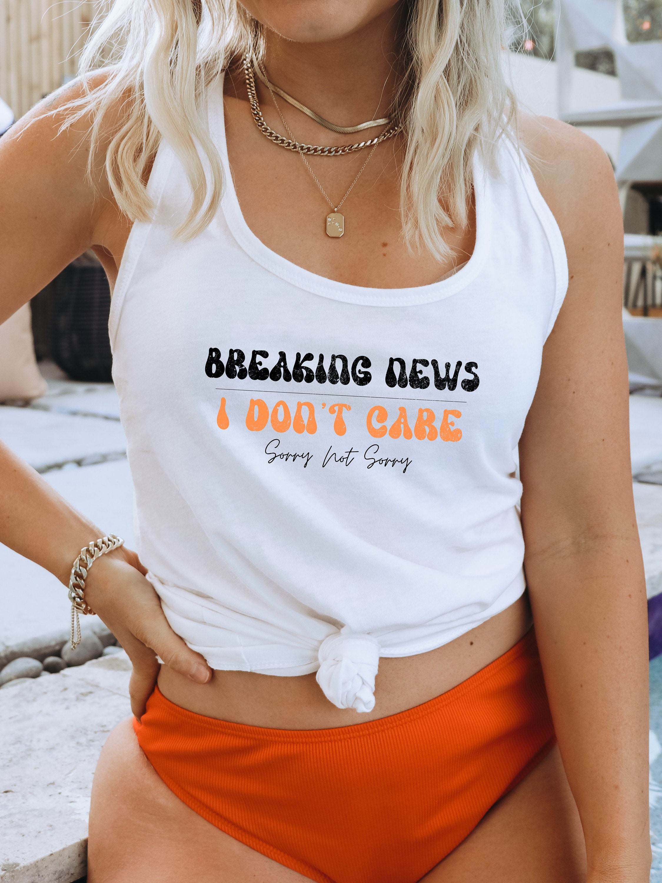 Cute Racerback Tank Top: Breaking News I Don't Care Sorry Not Sorry, Beach Wear, Sarcastic Sayings, Funny Quotes, Tank Tops, Sassy