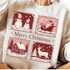 Vintage Christmas Comfort Colors Sweatshirt: Santa, Cabin & Snowman
