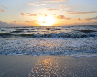 Fotoprint zonsopgang oceaan: Morning Beach Waves (digitale download)