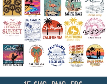 Retro California 15 SVG Bundle for Print on Demand, Vintage Summer Beach Surf PNG, Malibu Sunset Clipart for T-Shirt Sublimation Design EPS