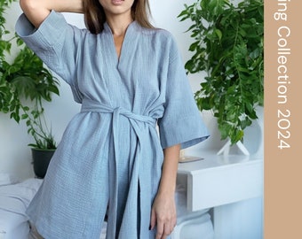 Soft Blue Muslin Robe | Luxury Kimono Loungewear | Cozy Boho Dressing Gown | Womens Sleepwear | Bridesmaid Robes | Gift for Women