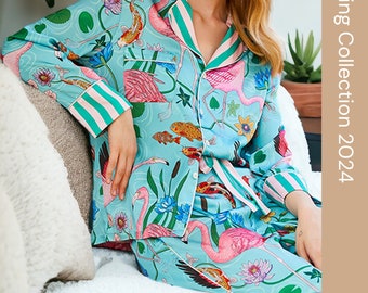 Blue Flamingo Pajamas for Women | Bohemian Cottagecore Pajama Set | Japanese Style Collared Pyjamas | Cozy Animal Print Loungewear Coords