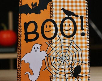 Tarjeta de Halloween: ¡Buu! Murciélago, fantasma y araña