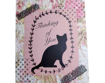 Tarjeta "Pensando en ti, gato": Tarjeta de felicitación de estilo vintage con técnica mixta